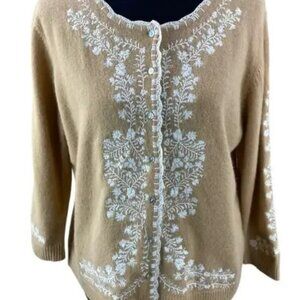 Vintage Monsoon Wool Angora Embroidered Cardigan Sweater Size 14 Tan Cream